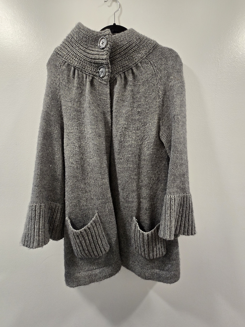 Chico's Gray Button-Neck Knit Cardigan with Patch Pockets